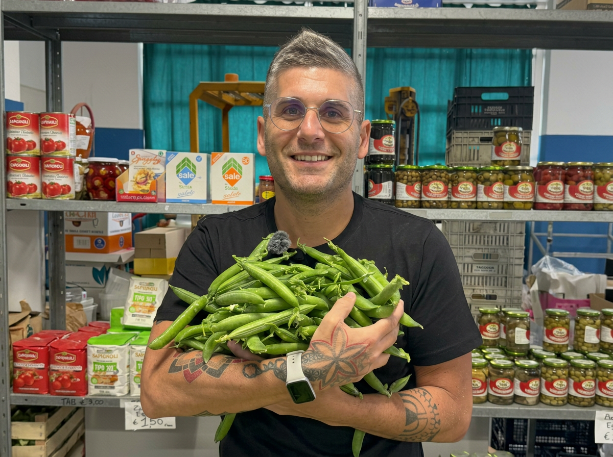 Luca con un mazzo di piselli freschi appena arrivati al banco di San Marino Frutta
